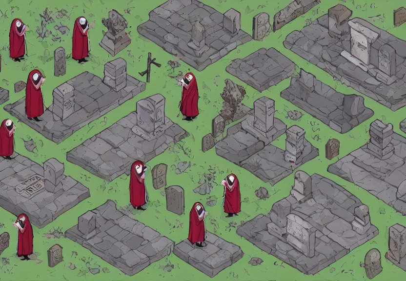 Prompt: possums dressed like monks at a medieval cemetery in the middle of the forest at night, isometric, digital art