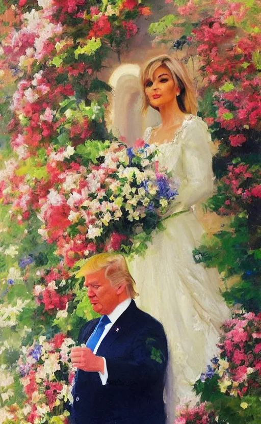 Image similar to romantic portrait of donald trump in an elegant dress surrounded by beautiful flowers, by gregory manchess, james gurney, james jean