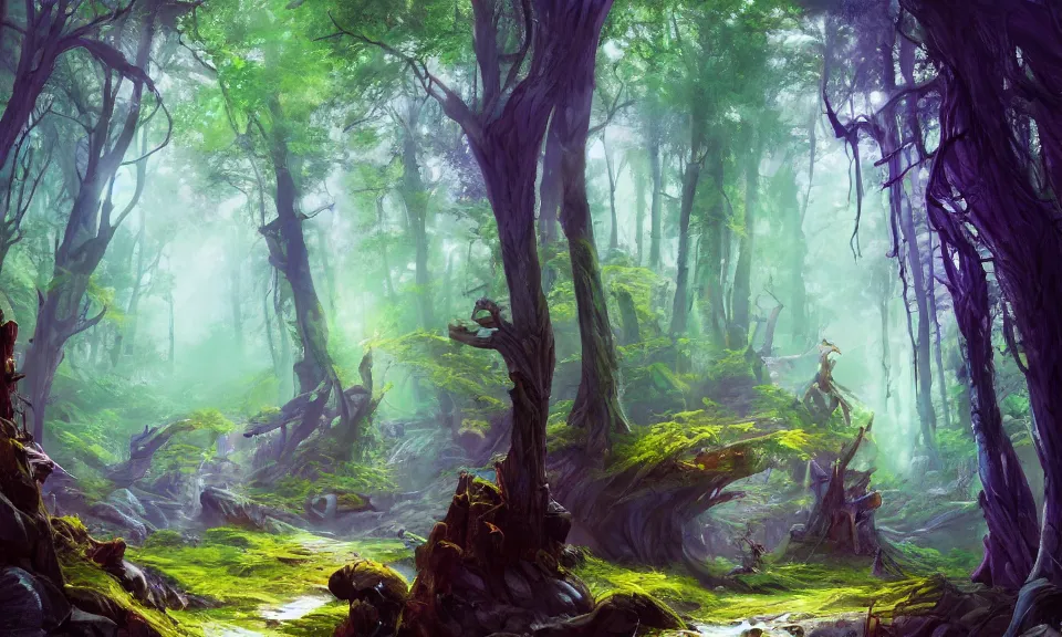 Prompt: spirital forest, digital art, concept art, magic fantasy, scenic, vibrant colors, high contrast, highly detailed, trending on artstation, 8k, andreas rocha, sylvain sarrailh, darek zabrocki, bastien grivet, finnian macmanus, dylan cole, liang mark, albert bierstadt, sung choi, peter mohrbacher, greg rutkowski, thomas kinkade, dan mumford, studio ghibli