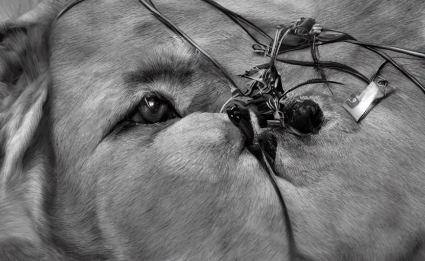 Prompt: wounded laying dog robotic, sad eyes, photography, wires, circuit, electricity, realistic