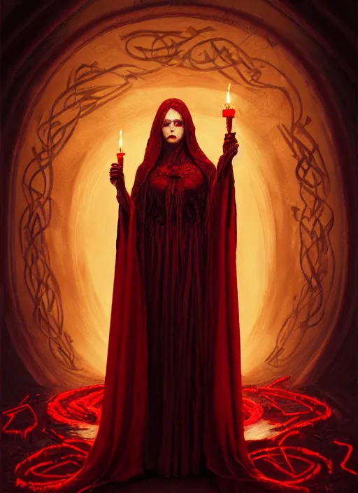 Prompt: portrait of the goddess of blood, long cloak made of blood, profane glowing rune, bloody runes, demonic portal behind, intricate, elegant, soft red candle light, highly detailed, digital painting, artstation, concept art, smooth, sharp focus, illustration, art by wlop, mars ravelo and greg rutkowski