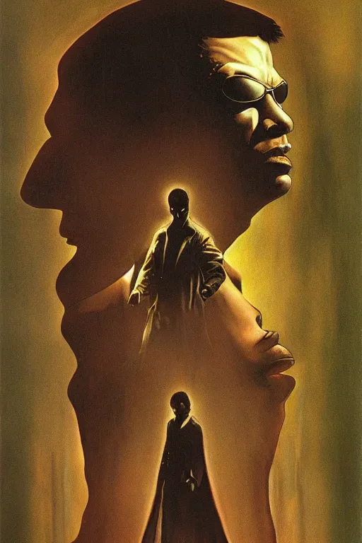 Image similar to Neo from the Matrix (1999) movie poster, 2D matte illustration, Beksinkski, Moebius, Frank Frazetta