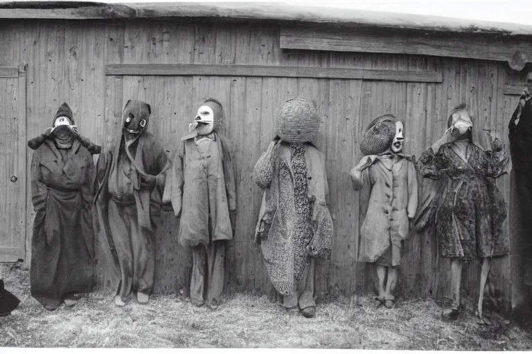 Image similar to vintage photo of villagers wearing weird masks outside a barn by hilla becher, eerie, bizarre, highly detailed shot, dramatic 8 k uhd