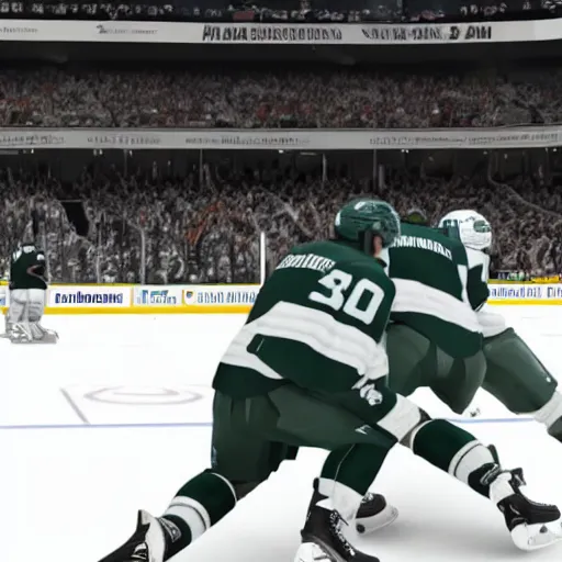 Image similar to Michigan state ice hockey wins national championship in NHL 22 video game, rendered in unreal engine 5