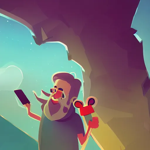 Image similar to cute cartoon character, curled perspective, digital art, beard grandpa taking a photo to a baby girl, anton fadeev