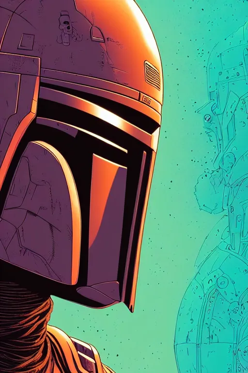 Image similar to closeup potrait of the mandalorian, intricate, volumetric lighting, moebius, geof darrow, frank miller, dan mumford, detailed illustration, digital art, victo ngai, kilian eng, vector art