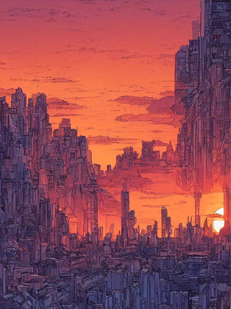 Prompt: a digital art of sunset, a metropolis beside the river, by laurie greasley, artstation, studio ghibli color scheme