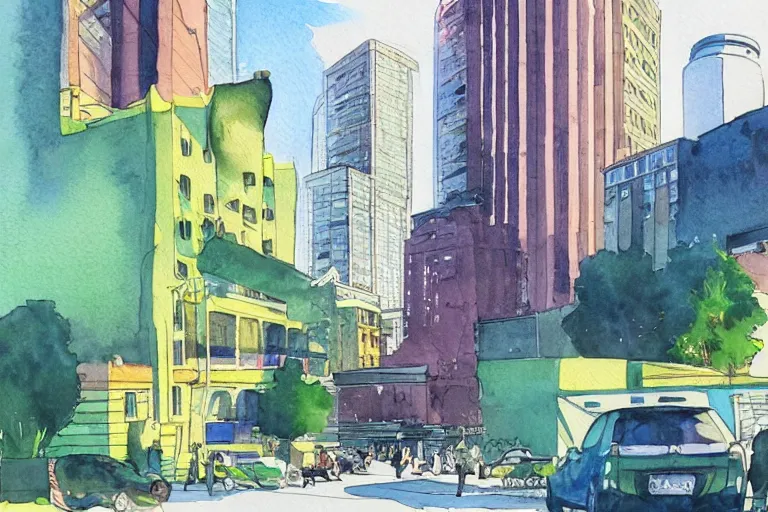 Image similar to !! watercolor!! seattle in a sunny day, artwork by tooth wu, colorful contrast,!!!! very coherent!!!!, dark shadow, thick lineart