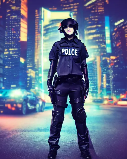 Image similar to young female police officer, neon, cyberpunk, futuristic clothing