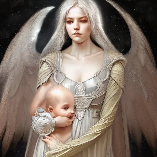 Prompt: A beautiful digital painting of a baby Seraphim, princess, the moon behind her, intricate, cinematic lighting, highly detailed, digital painting, Artstation, concept art, smooth, sharp focus, illustration, art by Tom Bagshaw, Artgerm and Greg Rutkowski