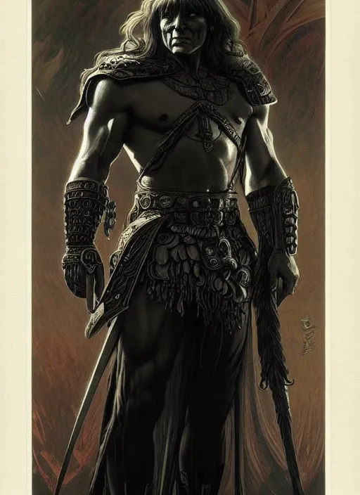 Prompt: uncut full body portrait of dark and mysterious and eerie and ominous he - man, epic, highly detailed, intricate, sharp details, illustration, artwork by greg rutkowski and alphonse mucha