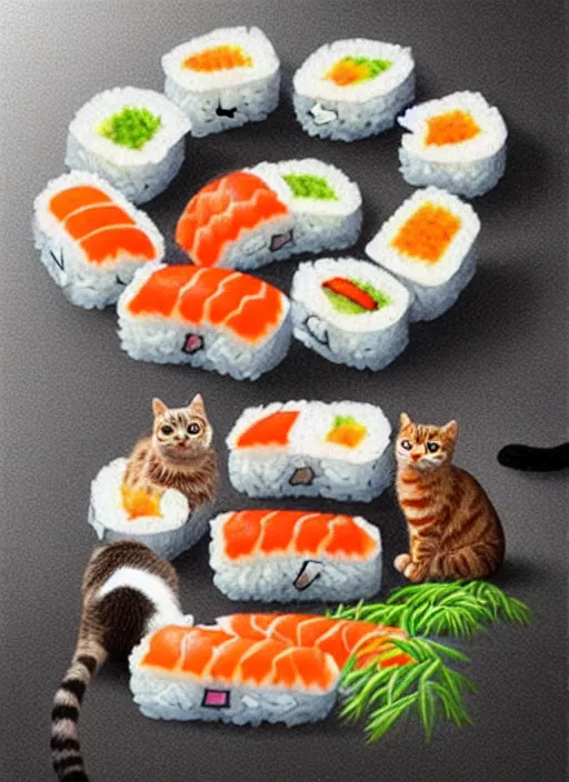 Image similar to clear photorealistic picture of adorable cats made out of sushi