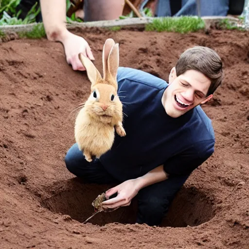 Prompt: pete davidson gleefully pulling a rabbit out of a hole