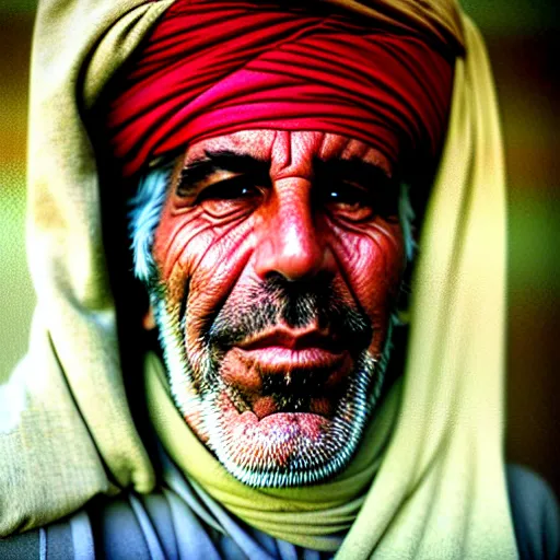 Image similar to portrait of jeffrey epstein as afghan man, green eyes and red turban looking intently, photograph by steve mccurry