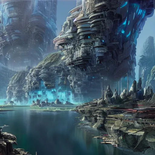 Prompt: a futuristic city surrounded by water and rocks, a detailed matte painting by Stephan Martinière, cgsociety, fantasy art, matte painting, unreal engine 5, unreal engine