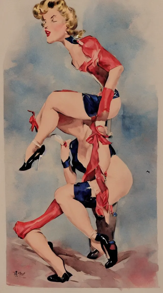 Image similar to a full body portrait of pin up post war dressing a military unioform,with, water color, Gil Elvgren style