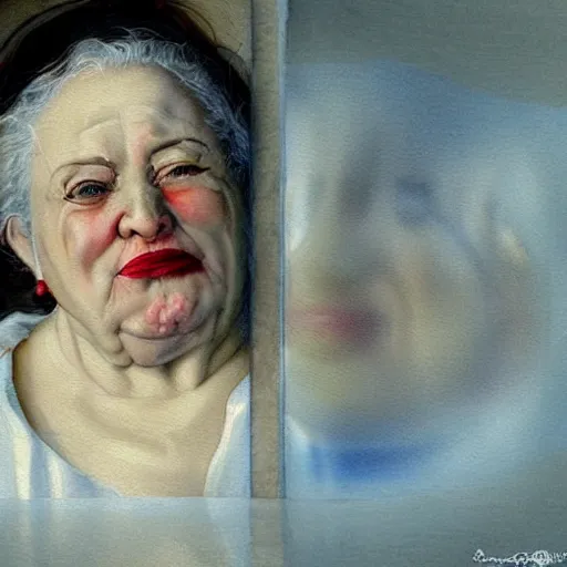 Image similar to a very funny stylize oil painting in renaissance style of a sweet fat old woman kissing her reflection. symmetry face, red mouth, blue eyes. flowery dress. hyper realistic scene. 3 d, octane render, deep focus, white scene. very funny and sweet image. unreal engine. watercolor. fellini style. pencil drawing style.