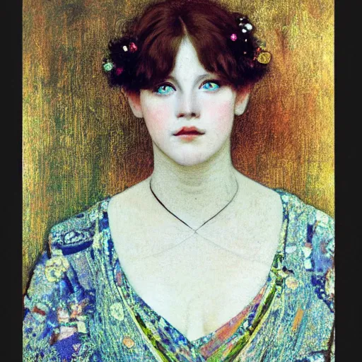 Prompt: portrait of a beautiful young lady with silver eyes, colored daguerreotype by klimt, by schiele, by mucha, by Mackintosh, art novesi, liminal, Bright pastel colors