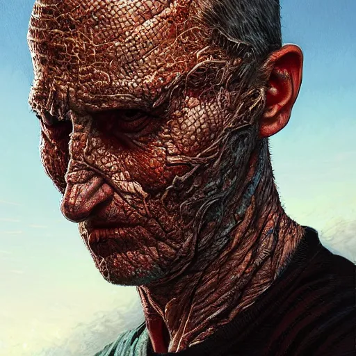 Image similar to portrait artwork of man tearing the skin from his face to reveal lizard skin. Artwork by Dan Mumford, realistic cinematic lighting, ultra detailed, hyper realism