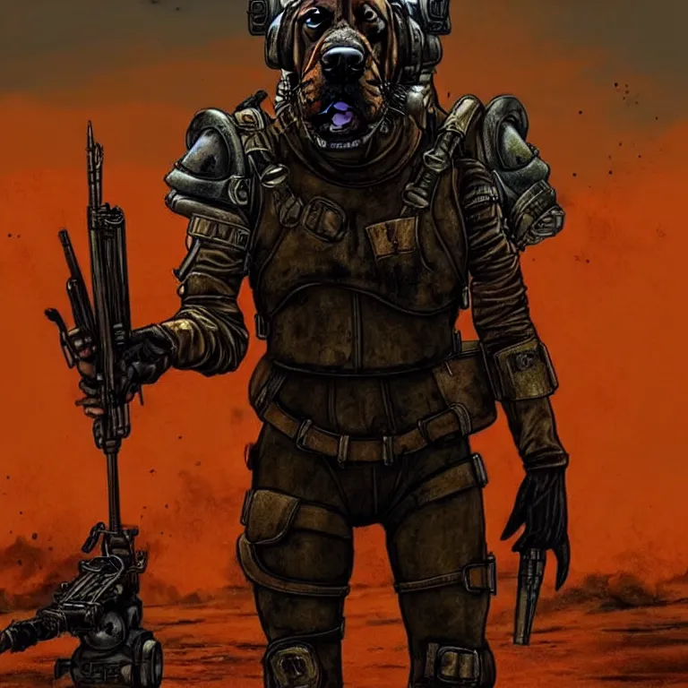 Image similar to a good ol'bloodhound pup fursona ( from the furry fandom ), heavily armed and armored facing down armageddon in a dark and gritty version from the makers of mad max : fury road. witness me.