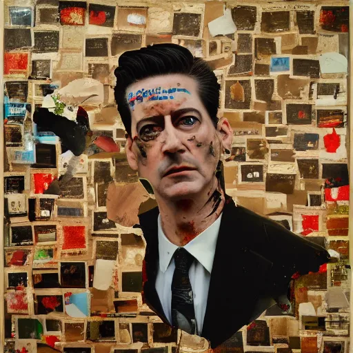 Image similar to hyperrealistic, photorealistic, mixed media oil painting of agent dale cooper, magazine scraps, plaster, blood, oil, mustard, splatter, greg rutkowski, basquiat, ralph steadman, wesley kimler, terry gilliam