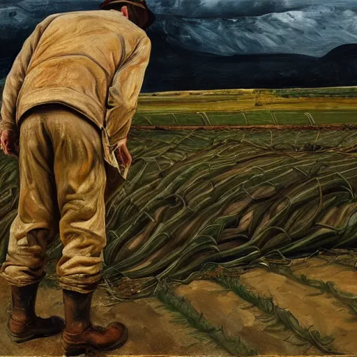 Image similar to high quality high detail painting by lucian freud, hd, farmer looking at the distance with despair, photorealistic lighting