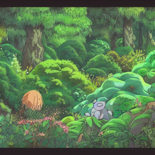 Image similar to a forest clearing with lush flora in the style of studio ghibli, anime