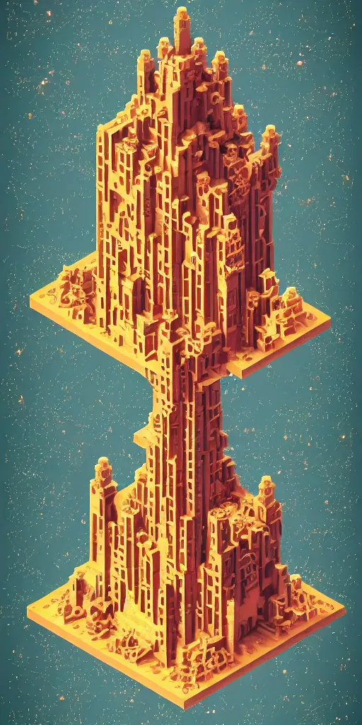 Prompt: isometric bringer of glowing light and life, mystical, intricate #voxelart ornamental #magica voxel oriental tarot tower floral flourishes, technology meets fantasy, glass, copper, steel, emerald, diamond, amethyst, glass, map, infographic, poster, concept art, art station, style of monument valley, wes anderson