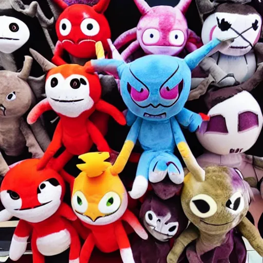 Image similar to scary demon plushies being sold at an amusement park, devilish, haunting, nightmare