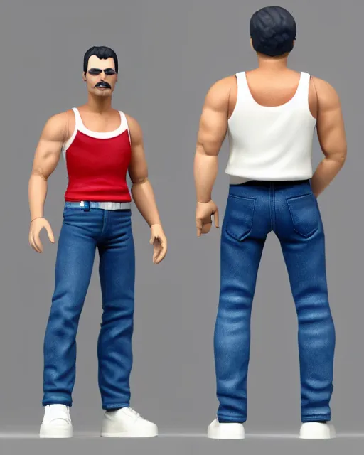 Prompt: full body 3 d render of freddie mercury, white tank top blue jeans as a funko pop!, four, studio lighting, white background, single body, no shadow, blender, trending on artstation, 8 k, highly detailed