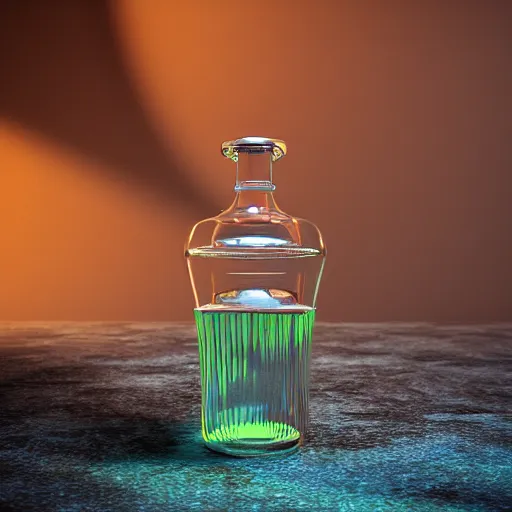 Image similar to transparent potion flask with engraved stallion on it, raytracing, caustics, 3d rendering, unreal engine, iray, vray, keyshot