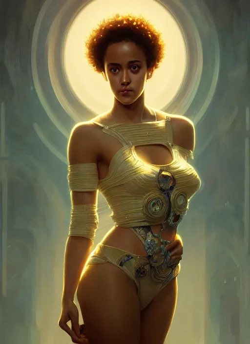 Prompt: portrait of nathalie emmanuel, intricate, elegant, glowing lights, highly detailed, digital painting, artstation, glamor pose, concept art, smooth, sharp focus, illustration, art by wlop, alphonse mucha and greg rutkowski