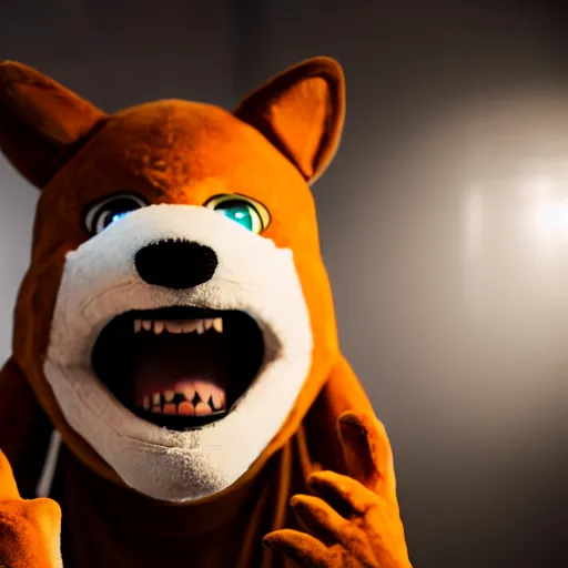 Prompt: photograph of a man with a fursuit head begging for food, 8k resolution, high detail, ULTRA REALISTIC VFX, reflections