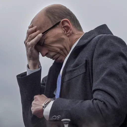 Prompt: Dramatic photo of Enrico Letta, crying and broken with gloomy sky