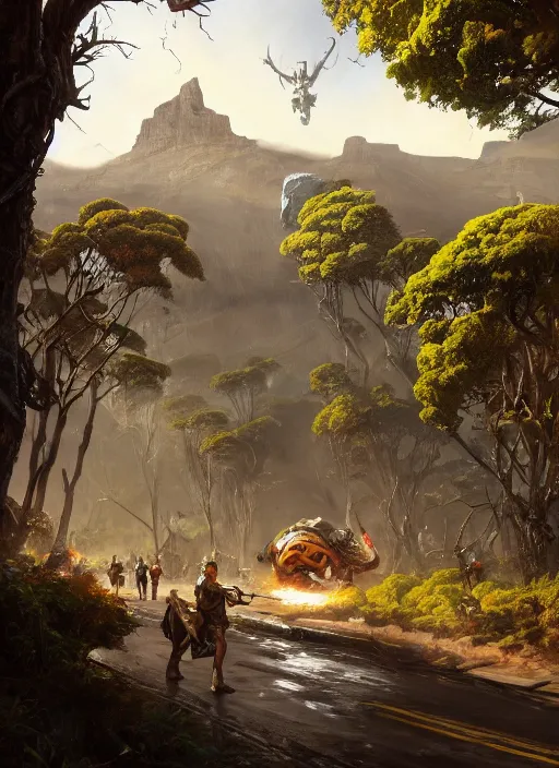 Image similar to hyper realistic robot attacking cape town city beautiful details, gnarly trees, strong composition, poster painted by greg rutkowski, concept art, arcane style, hearthstone wizards of the coast norman rockwell, james gurney and greg rutkowski weta studio, and lucasfilm and best of artstation