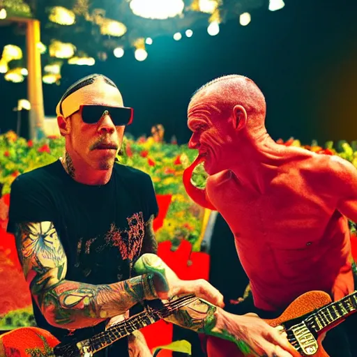 Image similar to A brightly coloured photo of Anthony Kiedis and Flea in a Chili-Pepper garden, 8k, warm dramatic lighting