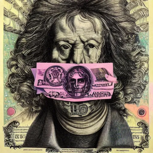 Image similar to post - punk new age album cover, asymmetrical design, dollar bank notes, capitalism, magic, apocalypse, psychedelic, black white pink, magic, giger h. r., giuseppe arcimboldo