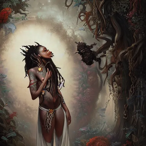 Image similar to pretty black woman with dreadlocks and tattoos, wearing a kimono, ultrarealistic,, in the style of peter mohrbacher by weta digital and beth cavener, intricate, masterpiece, award winning, intricate