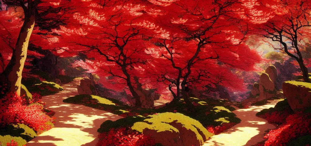 Prompt: ghibli illustrated luminism background of a trail leading through a strikingly beautiful landform with strange rock formations and blood red waterfall, fallen leaves blow in the wind and cherry blossoms by vasily polenov, eugene von guerard, ivan shishkin, albert edelfelt, john singer sargent, albert bierstadt 4 k