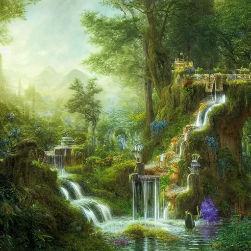 Image similar to a beautiful and highly detailed matte painting of a magical fountain in a fantasy garden in a lush forest deep in the mystical mountains, intricate details, epic scale, insanely complex, 8 k, sharp focus, hyperrealism, very realistic, by caspar friedrich, albert bierstadt, james gurney, brian froud,