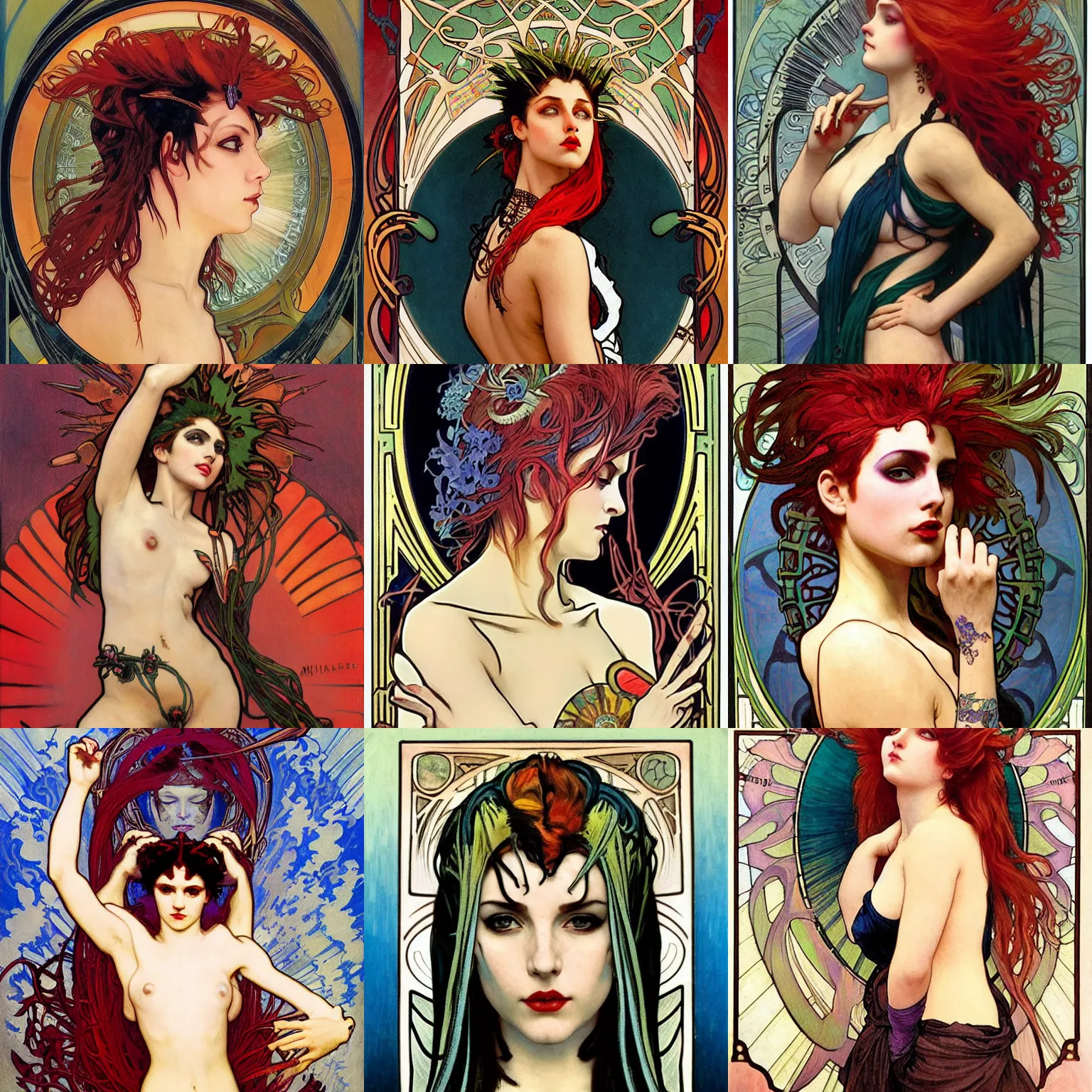 Prompt: stunning, breathtaking, awe-inspiring award-winning concept art nouveau painting of an attractive female punk with messy eyeliner, a septum piercing, and extremely short spikey hair dyed bright red, as the goddess of the sun, with anxious, piercing eyes, by Alphonse Mucha, Michael Whelan, William Adolphe Bouguereau, John Williams Waterhouse, and Donato Giancola, cyberpunk, extremely moody lighting, glowing light and shadow, atmospheric, cinematic, 8K