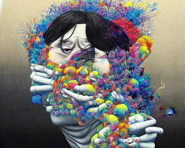 Image similar to a surreal, dense, vivid painting by otake chikuha depicting nihilism, depression, and transcendence