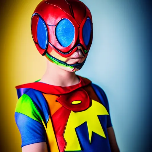 Prompt: a detailed portrait photo of a rainbow themed super hero, super hero costume, super hero mask, cinematic shot