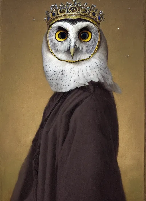 Prompt: close-up portrait of anthropomorphic owl Prince, man with a head of barn owl, glowing eyes, in a crown, wearing long royal robe, lilac, silver, black, bokeh, blurred space, stars, dreamy, romantic, painting in the museum, highly detailed, sharp focus, digital painting, artwork, by John James Audubon by Victor Adame Minguez by Yuumei by Tom Lovell by Sandro Botticelli