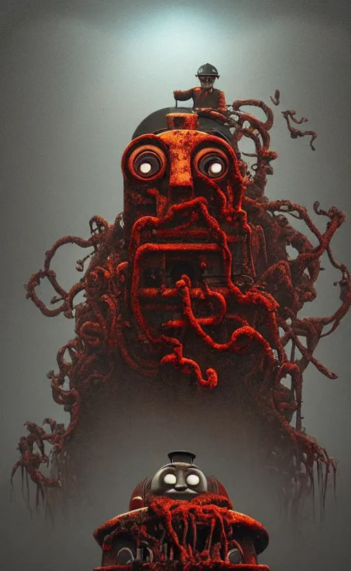 Image similar to thomas the tank engine in style of zdzisław beksinski, extremely dramatic lighting, 8 k, tendrils, black, darkness, black slime tendrils, infected, rust, body horror, thomas the train, thomas the tank engine face, horror,