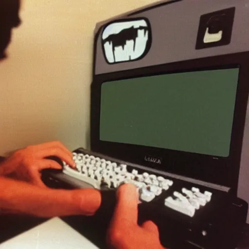 Prompt: photo of playing a computer game on an old black and green screen monitor in 1 9 8 5, ultima 4 adventure game, the room is dark and wide, cans of soda and cupcake packages scattered, atari joystick