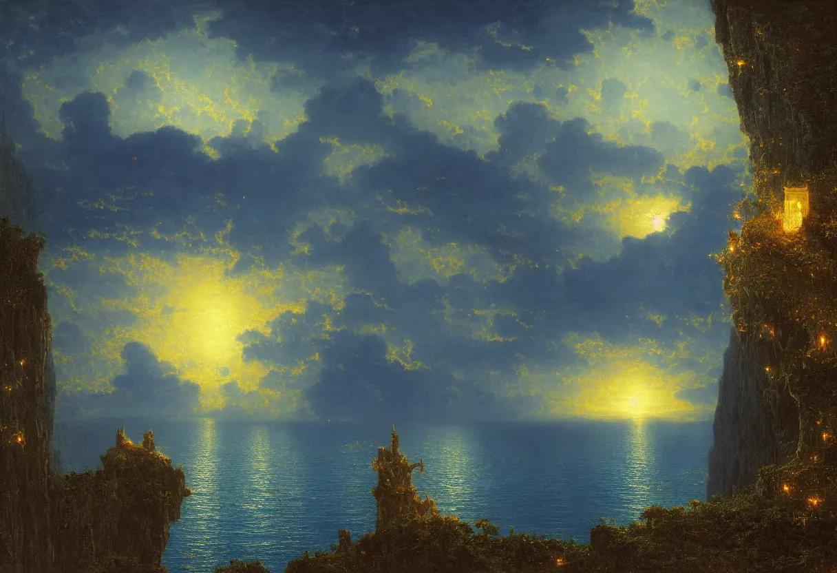 Image similar to a beautiful ultradetailed painting of a single gilded cathedral at the edge of a cliff next to a deep blue sea illuminated by orange fireflies, albert bierstadt, makoto shinkai, 8 k, light effects, trending on artstation