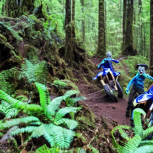 Prompt: two wringwraiths covered in slime riding yamaha dirtbikes in the hoh rainforest