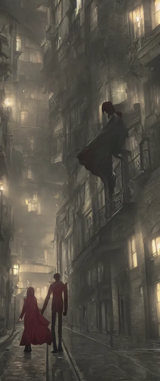 Image similar to lelouch lamperouge and asuka langley holding hands in dishonored town, dunwall city, redshift render, cinematic lighting, rainy weather, melancholy atmosphere, dunwall city, volumetric light, octane render, dishonored game, dishonored 1, gothic architecture