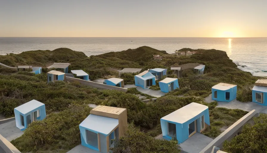 Image similar to An architectural rending of an eco-community neighborhood of innovative contemporary 3D printed sea ranch style cabins with rounded corners and angles, beveled edges, made of cement and concrete, organic architecture, on the California coastline with side walks, parks and public space , Designed by Gucci and Wes Anderson, golden hour